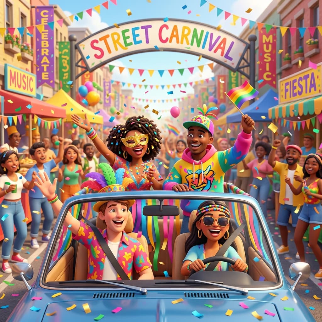 Carnavaliers déguisés ou non partageant un trajet en covoiturage vers un carnaval
